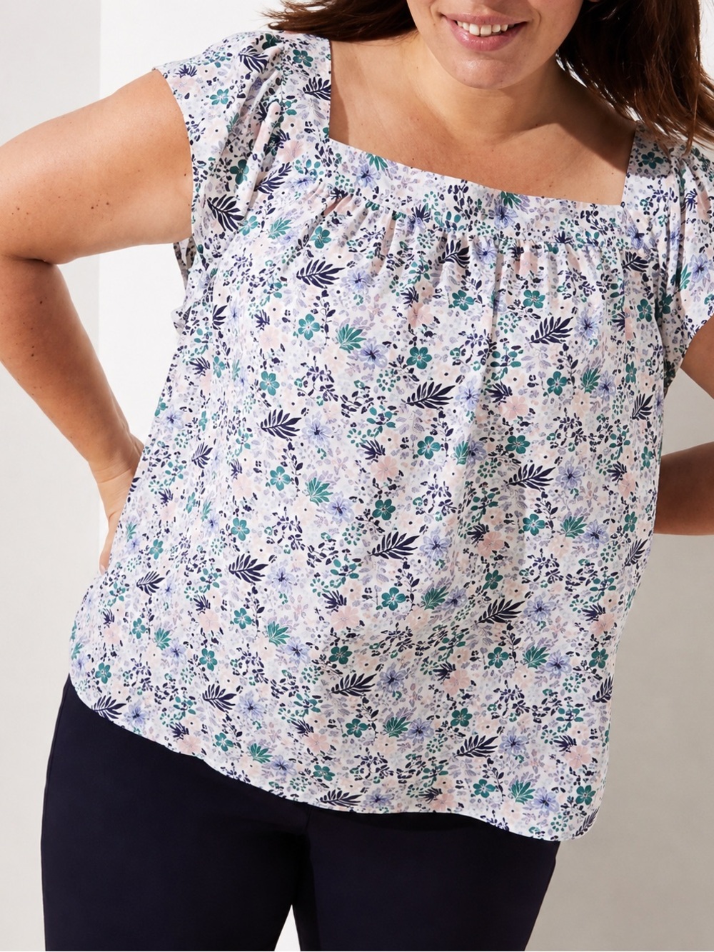 LOFT Floral Square-Neck Cap Sleeve Blouse Size Small